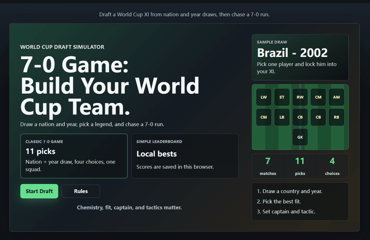 7-0 game - Draft a legendary World Cup