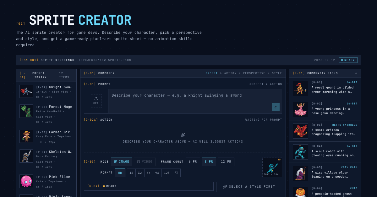Sprite Sheet Maker - Generate game-ready pixel-art sprite sheets in minutes by describing your character and picking a style.
