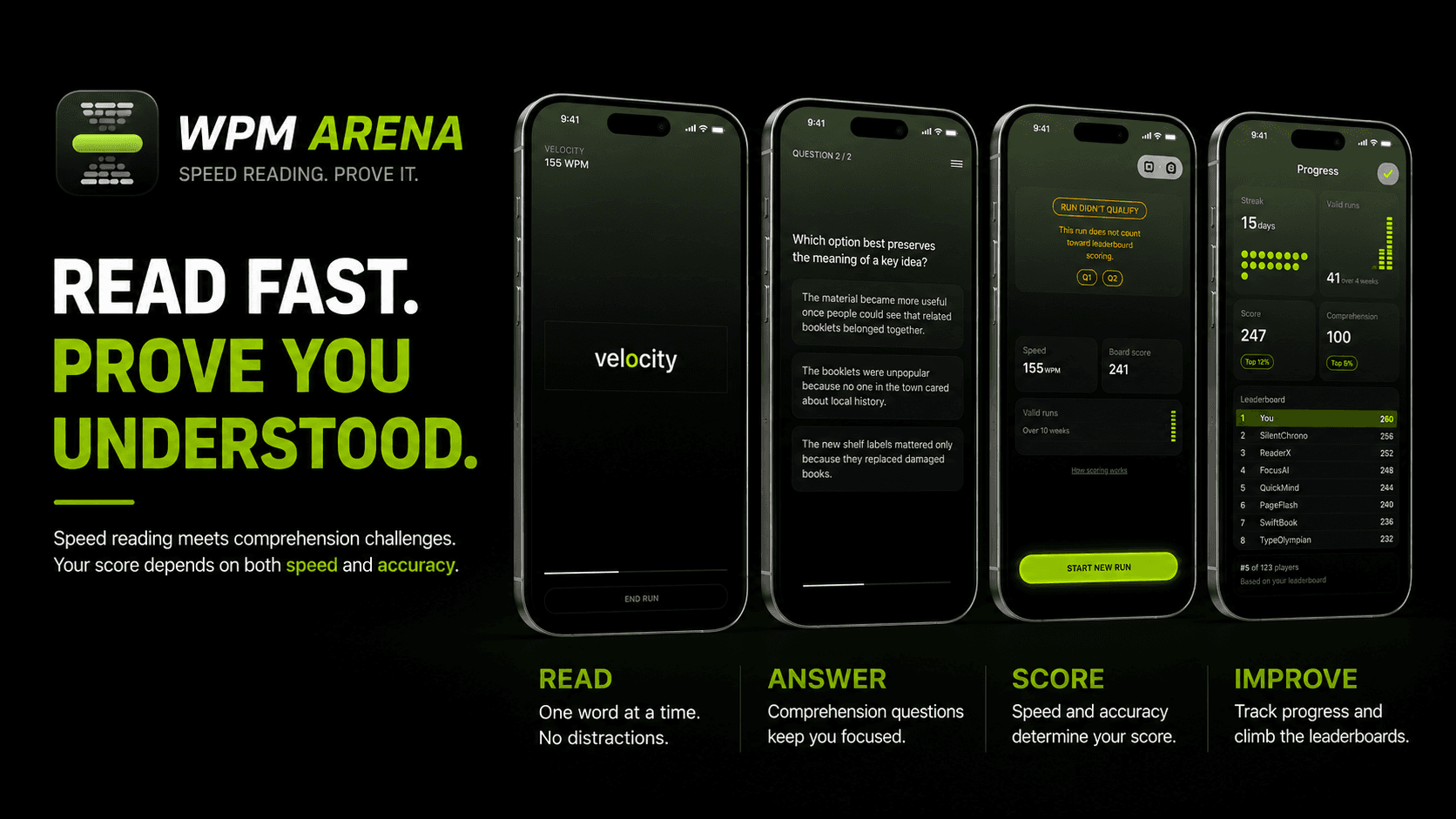 WPM Arena Speed Reading - Challenge your comprehension.