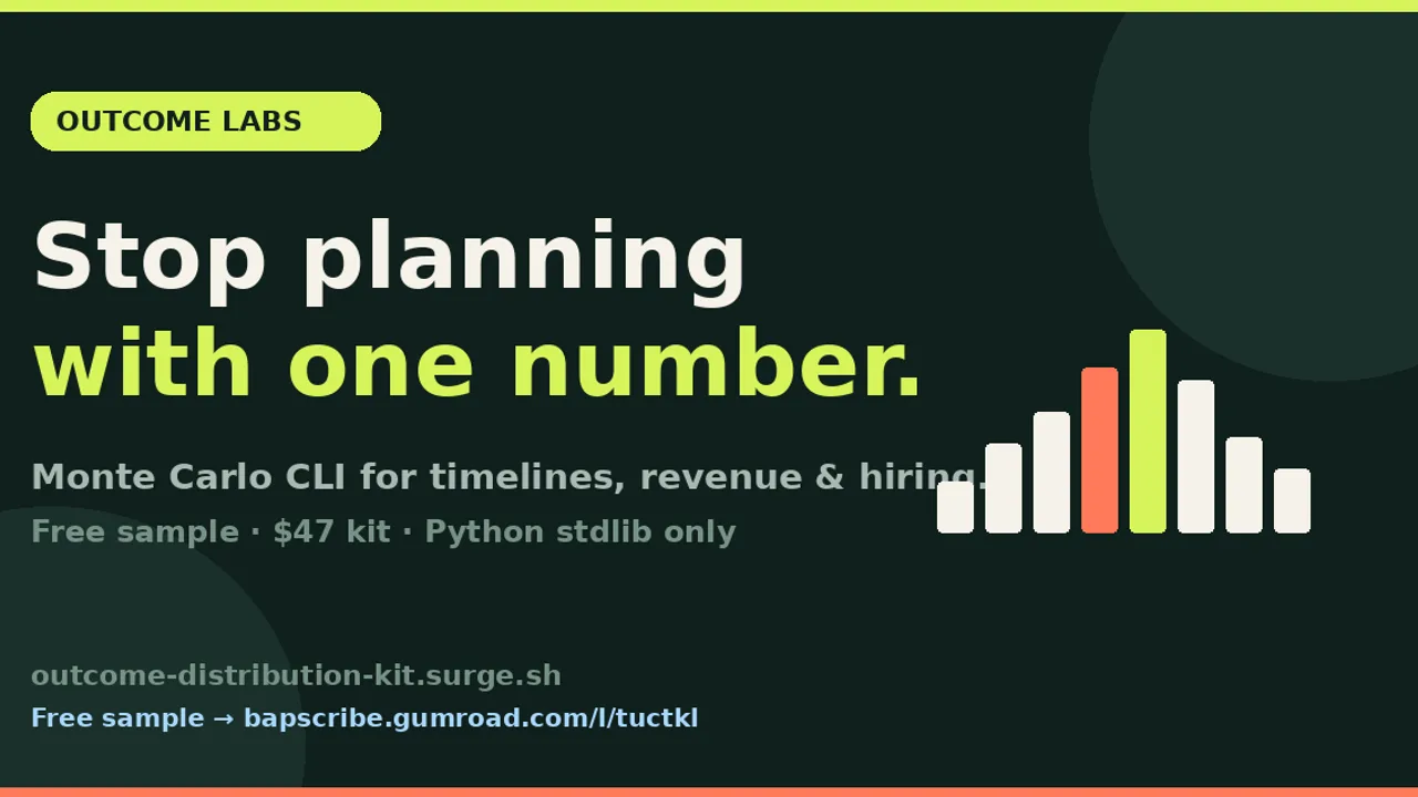 Outcome Distribution Kit - Model delivery timelines, revenue, and hiring as distributions instead of single-number guesses using a plain-Python Monte Carlo CLI.