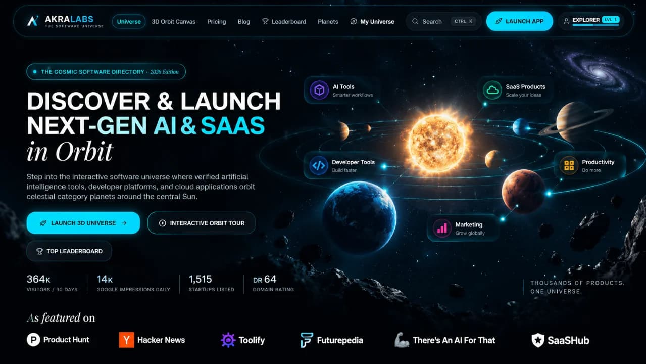 AkraLabs - Discover and launch next-generation AI tools and SaaS products in an interactive 3D directory organized by twelve planetary sectors.