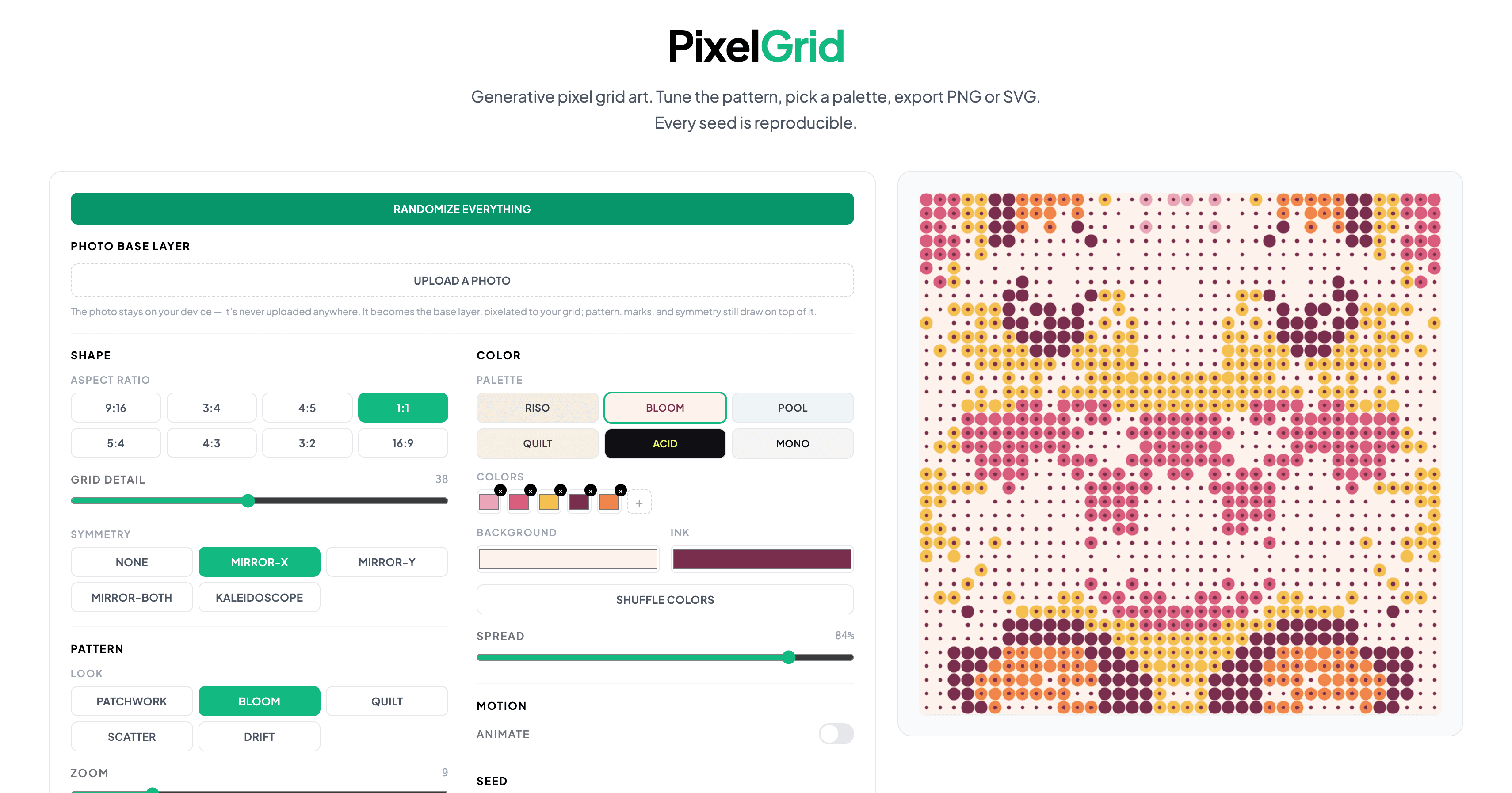 PixelGrid - Generate seeded, riso-style pixel grid art in your browser and export as PNG or SVG.