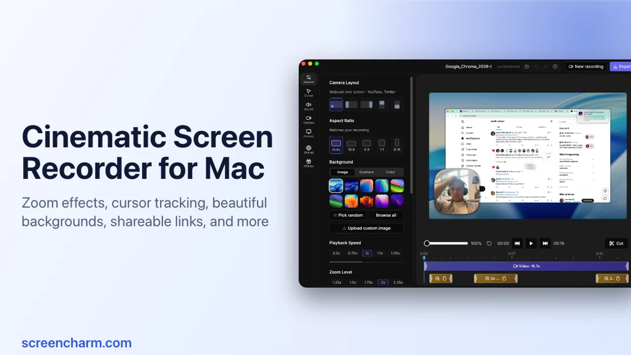 Screen Charm - Mac screen recorder with smart auto-zoom, captions, and built-in editing for polished videos without complicated software.