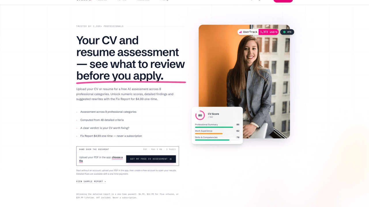 CV Score - Free AI CV assessment across 8 categories and 48 criteria, in 60 seconds.