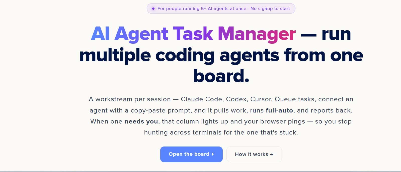 AI Agent Task Manager - Run multiple AI coding agents in parallel from one board, with notifications only when an agent needs your input.