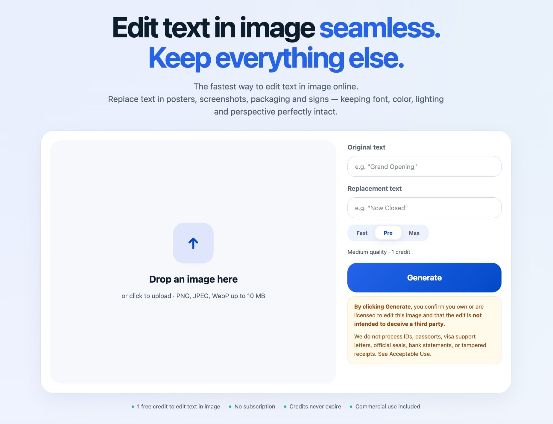 EditTextImage - Edit text in images online while preserving font, color, lighting and perspective without needing Photoshop.