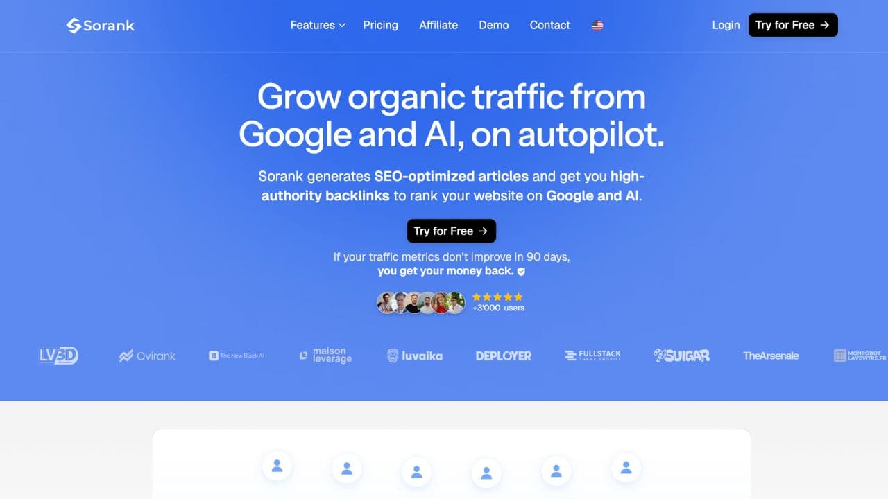 Sorank - Grow organic traffic from Google and AI on autopilot with AI-generated articles, backlinks, and automated SEO.
