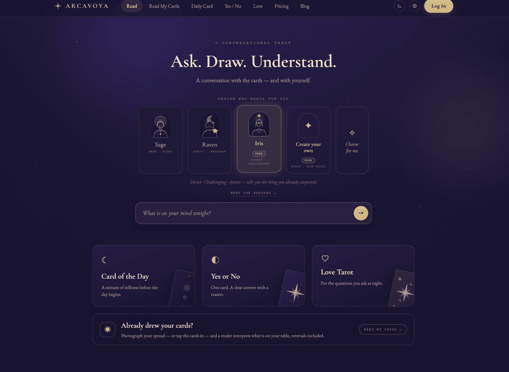 Arcavoya - Free AI tarot reading in conversation with daily draws, yes-or-no answers, and follow-up questions to explore what the cards suggest.