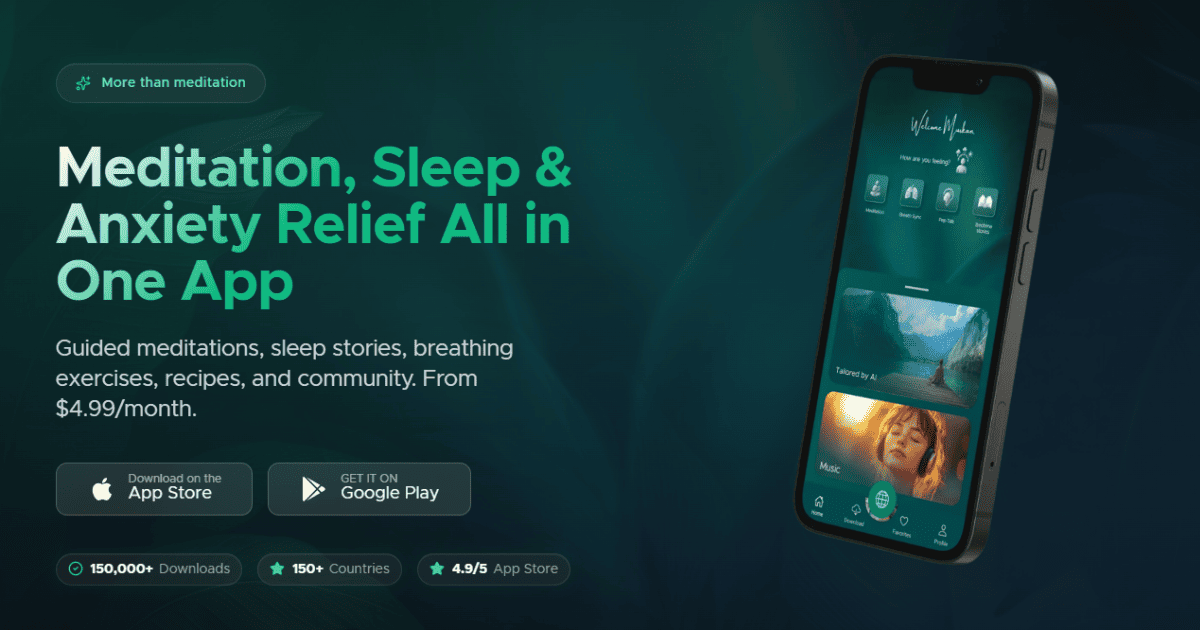 U4RIA - AI-powered app with guided meditations, sleep stories, breathing exercises, recipes, and community support starting at $4.99 per month.