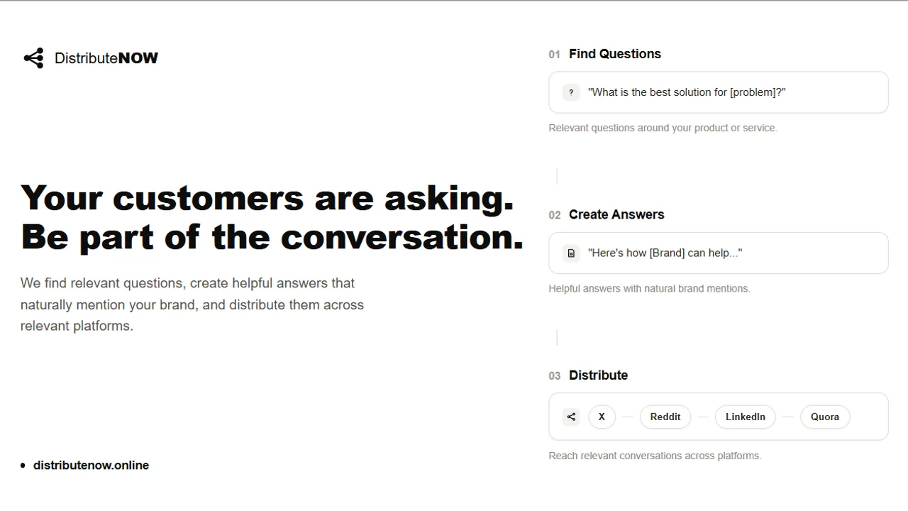Distribute Now - Get your brand mentioned naturally in answers to questions your potential customers are already asking online.