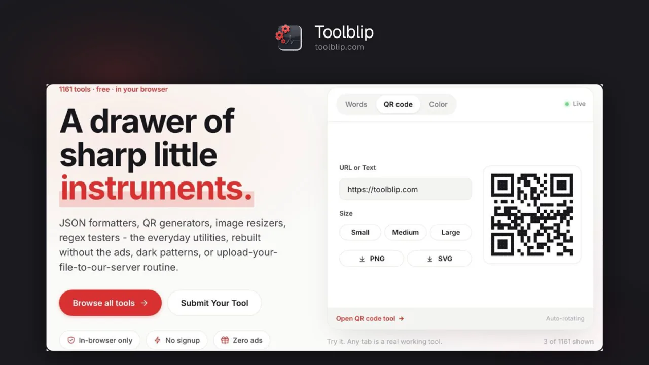 Toolblip - Free online developer tools — JSON, Base64, QR, word counter, and 490+ more. No signup. Runs in your browser.
