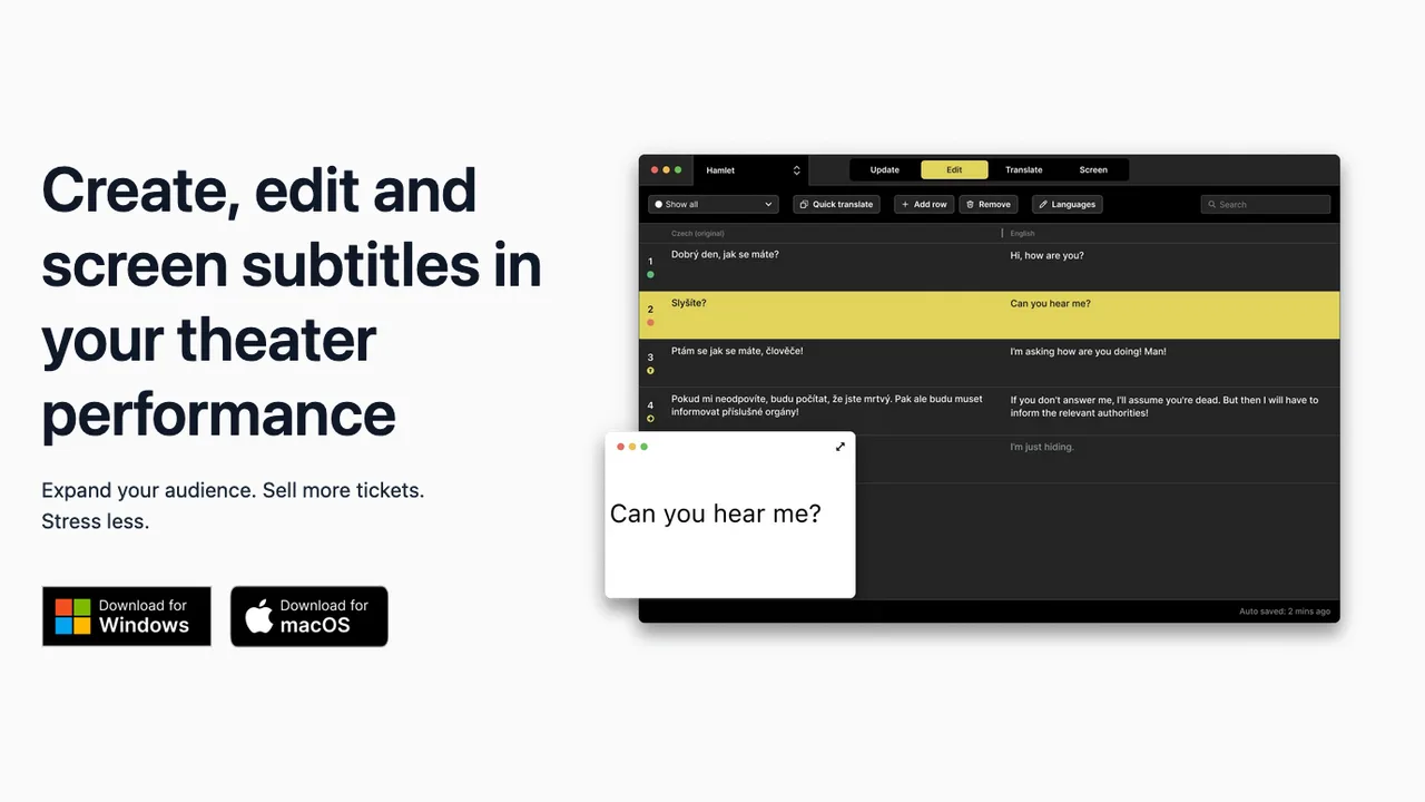 Captitles - Create, translate, and display theater subtitles using AI to automate the manual work and reduce production time.