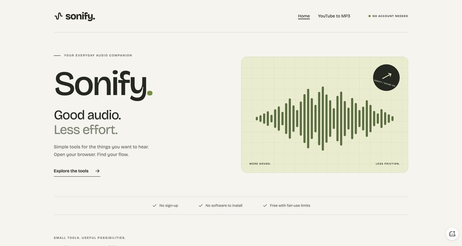 Sonify - Convert permitted YouTube videos to MP3 in a browser without an account or installation.