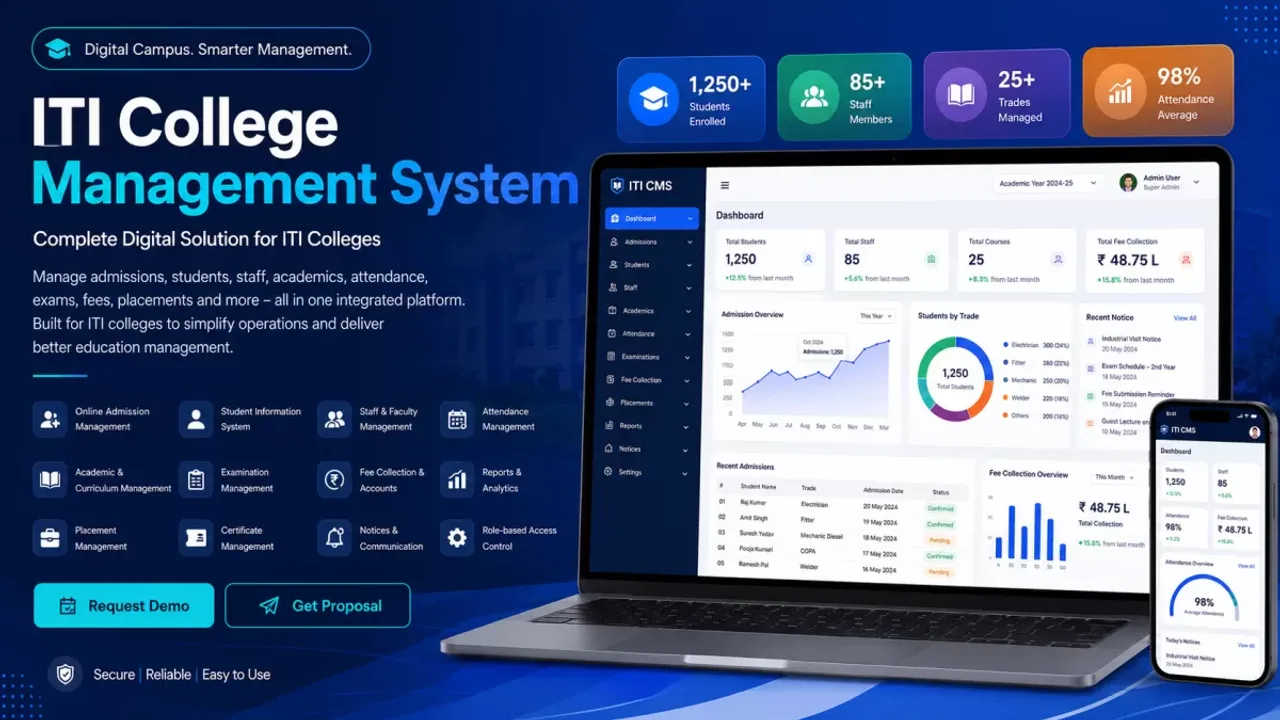 ITIERP.com - Complete ERP and website software for ITI colleges with online admissions, attendance tracking, and digital marksheet distribution.