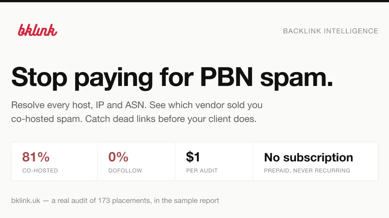 bklink - Audit your backlinks to expose shared-IP networks and catch dead URLs before your client does.
