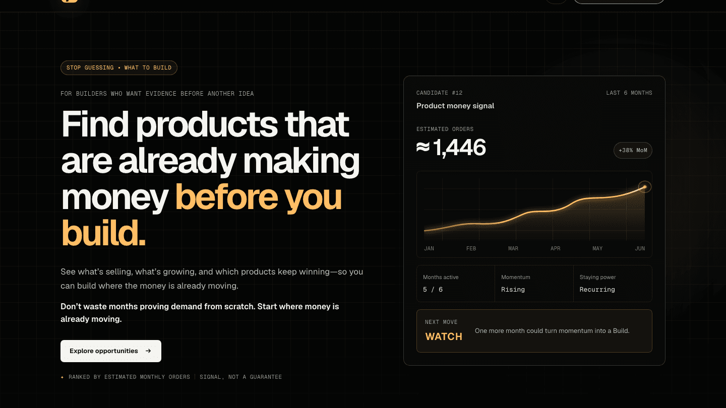 Build or Skip - Build or Skip helps builders discover products with estimated order momentum before committing to a new idea.