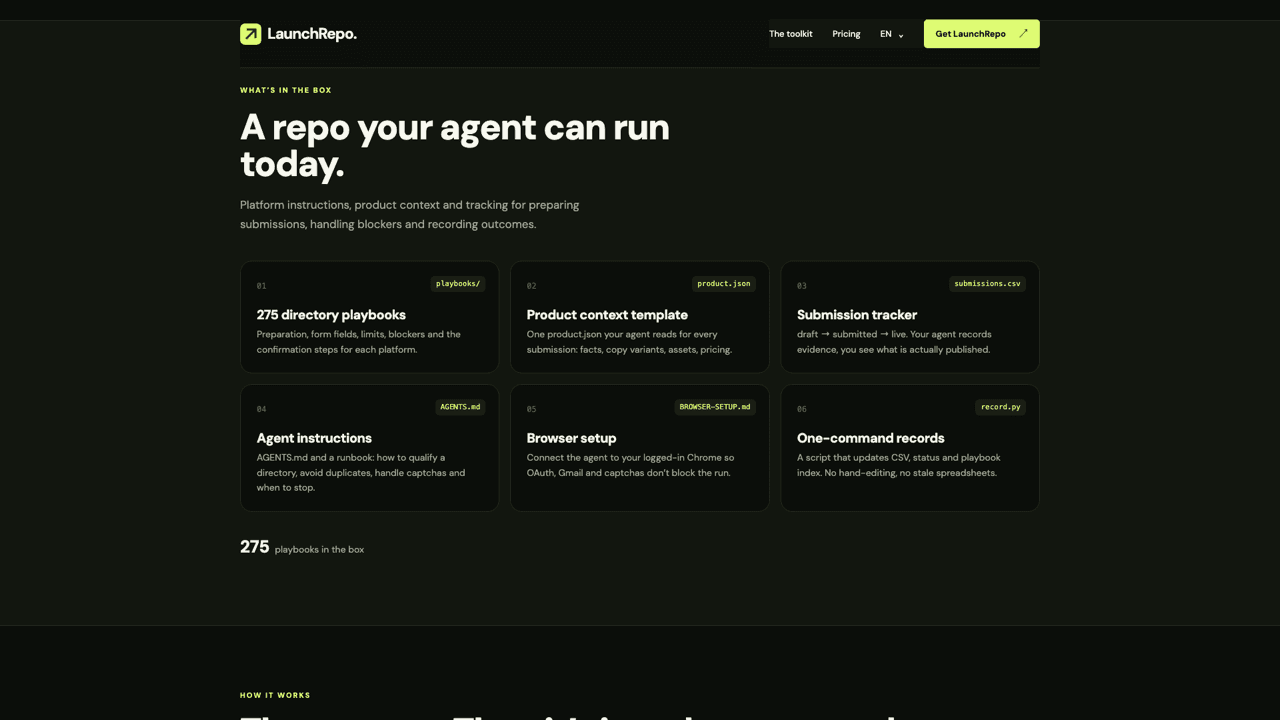 LaunchRepo - LaunchRepo gives your AI coding agent 275 directory playbooks, a product context template and a tracker, so it can submit your SaaS to launch platforms for you.