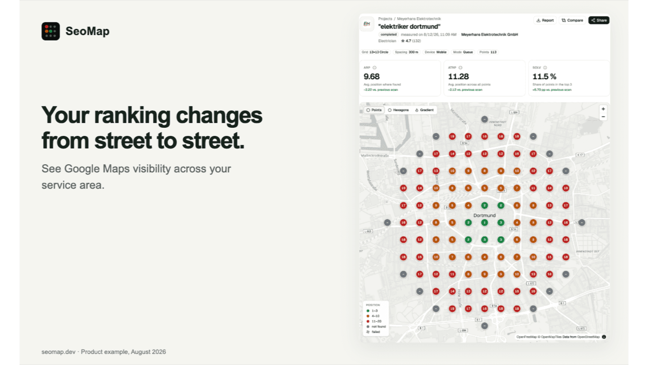 SeoMap - SeoMap is a geo-grid Google Maps rank tracker that shows where a business ranks across its whole service area.