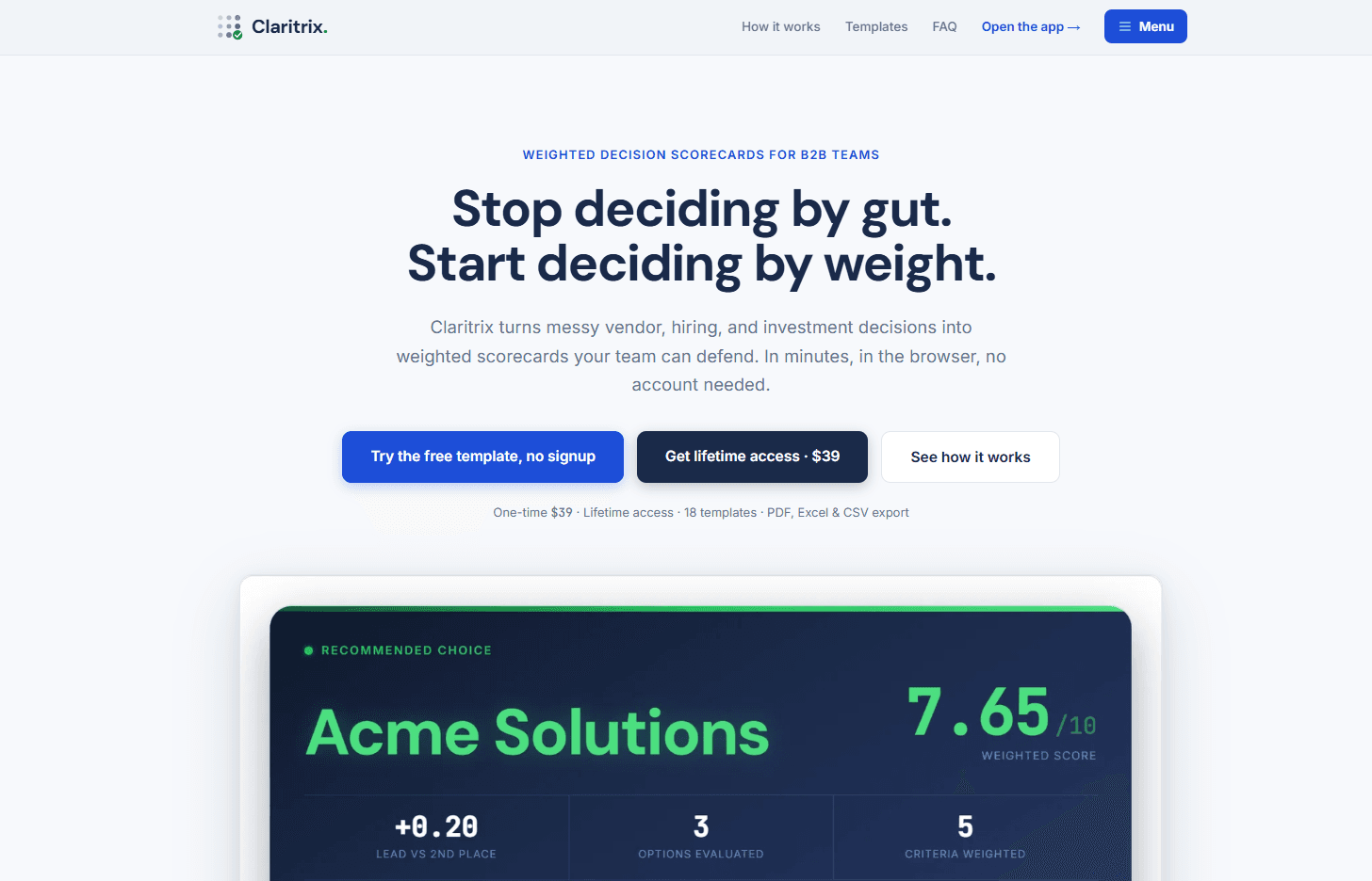Claritrix - Create weighted decision scorecards your team can defend for vendor selection, hiring, and business decisions