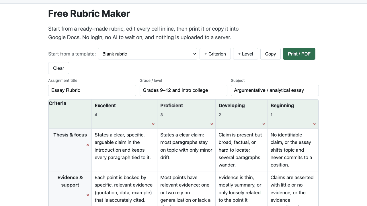Rubric Maker - Pick one of 53 hand-written rubric templates, edit any cell, then print it or paste it into Google Docs.