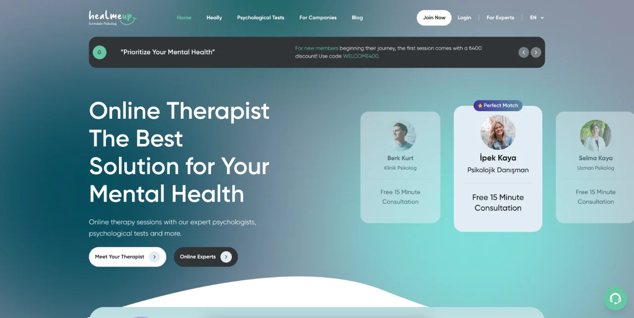 Healmeup - Connect with licensed psychologists, dietitians, and physiotherapists for online support sessions and self-assessment tools.