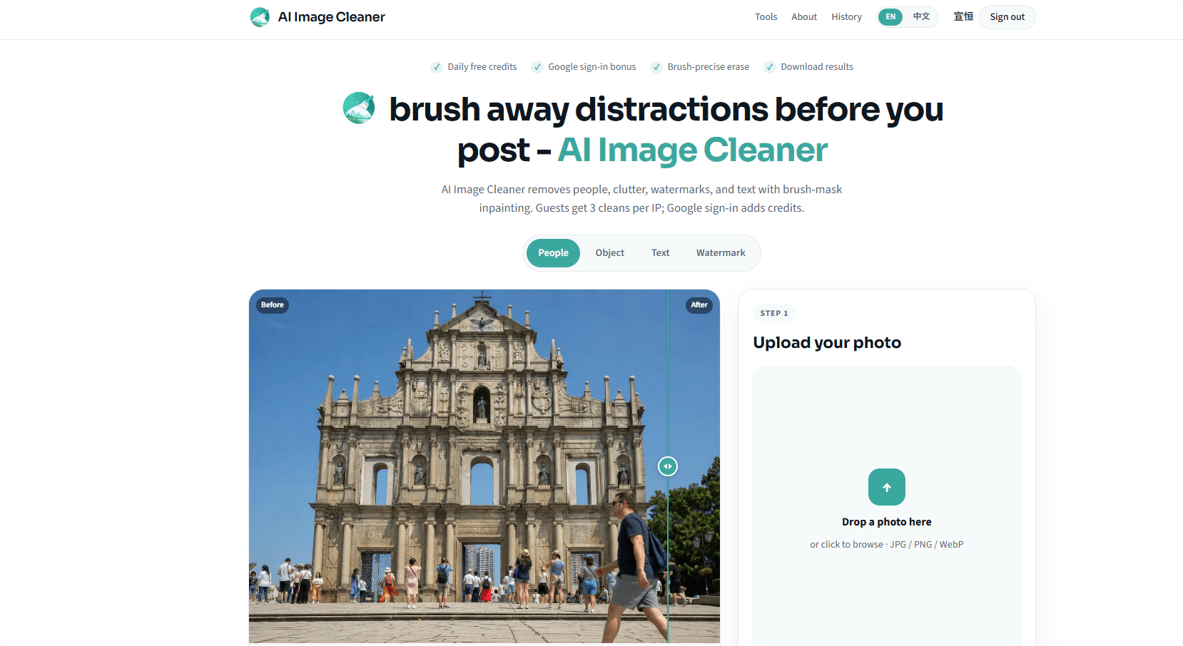 AI Image Cleaner - Remove objects, people, text, and watermarks from photos in your browser with no installation or credit card required.
