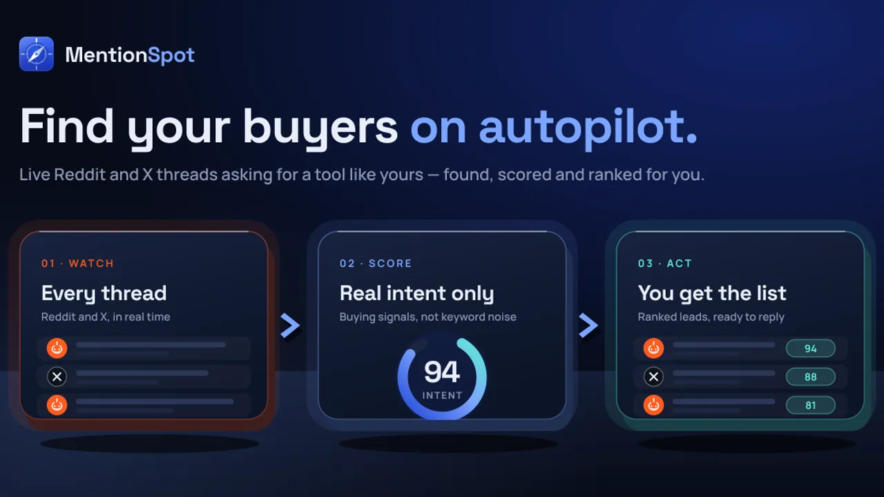 MentionSpot - Find customers on Reddit and X who are actively asking for solutions like yours, scored for buying intent.