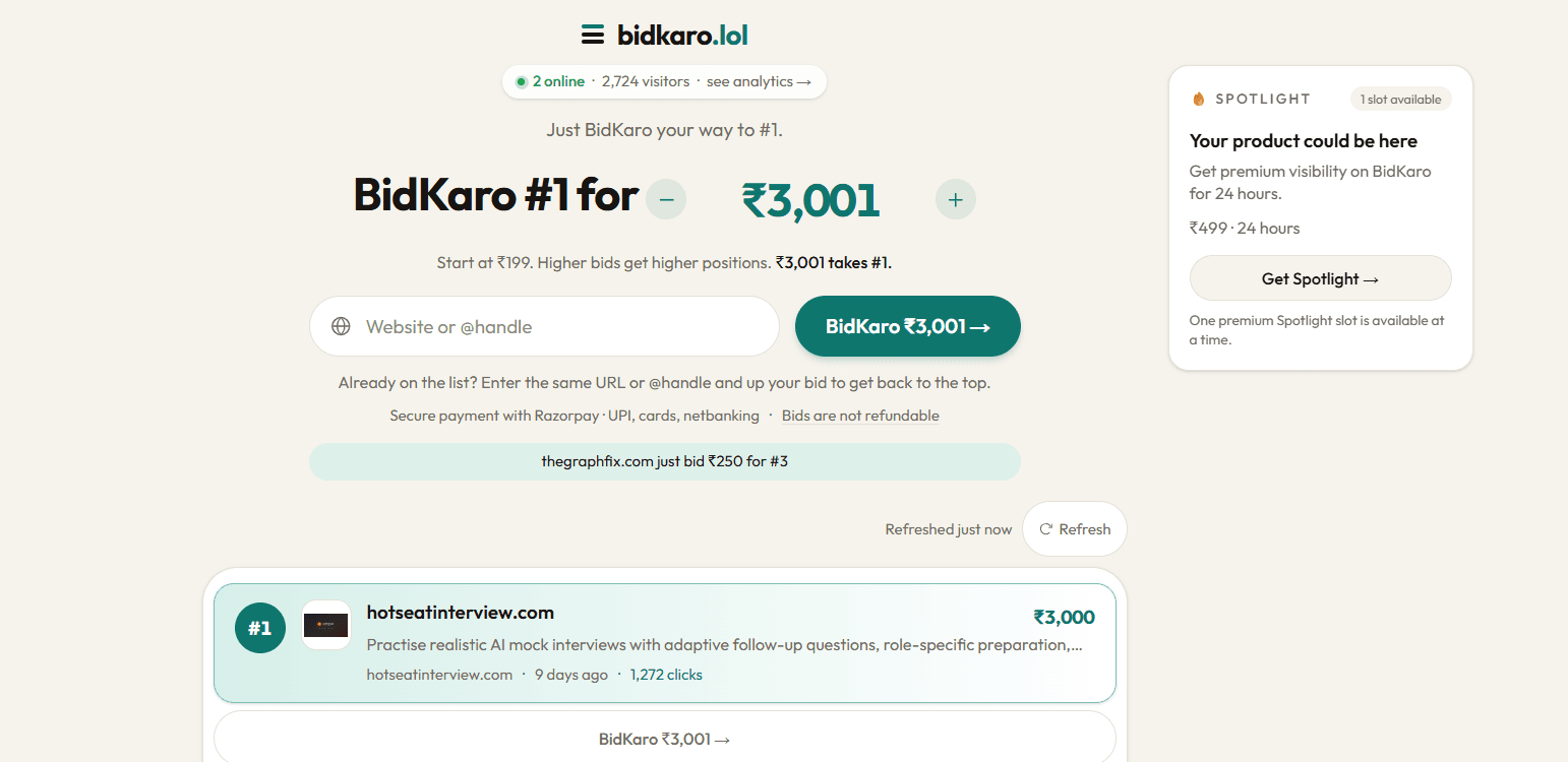 BidKaro - Pay in rupees to rank your product at the top of a public leaderboard for Indian businesses.